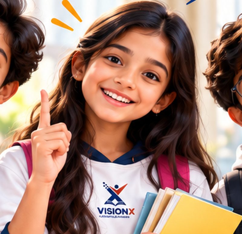 A smiling schoolgirl holding up a finger, with notebooks in her hand